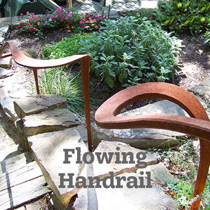 Flowing handrail harmonizes stairs through a terraced garden 