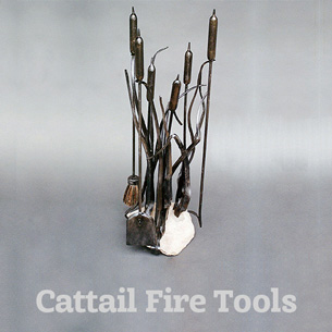 Artist-blacksmith sculptural cattail fireplace tool set